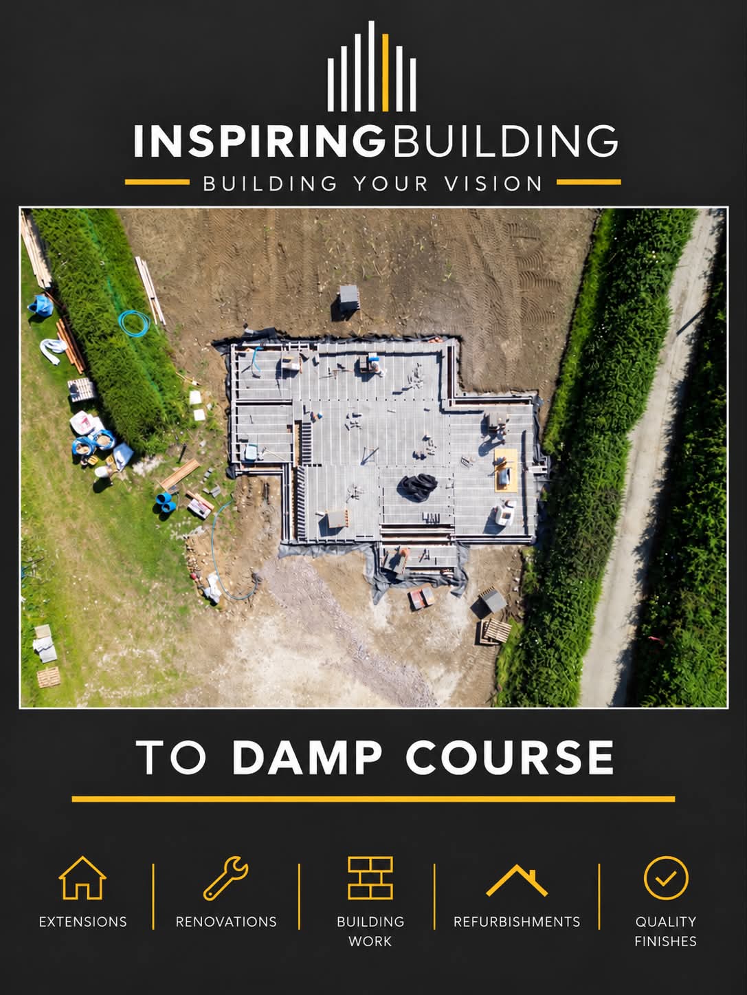 Aerial view of the Cotswolds home construction at damp-course stage.