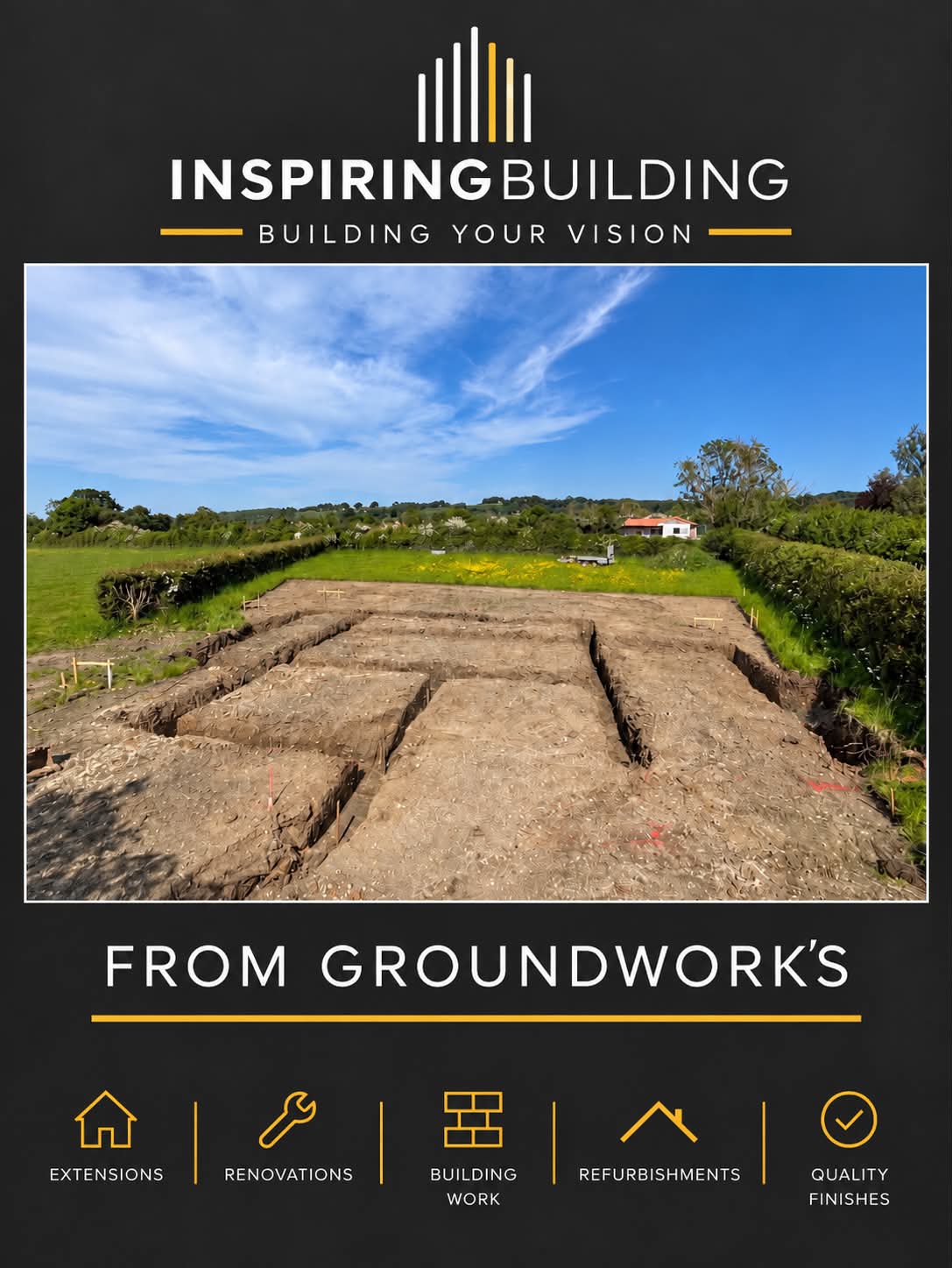 Groundworks and excavated foundation layout for a bespoke home on the edge of the Cotswolds.