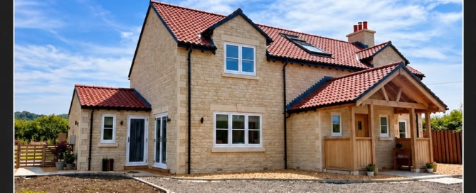 Completed bespoke stone home with red roof tiles and a covered entrance on the edge of the Cotswolds.